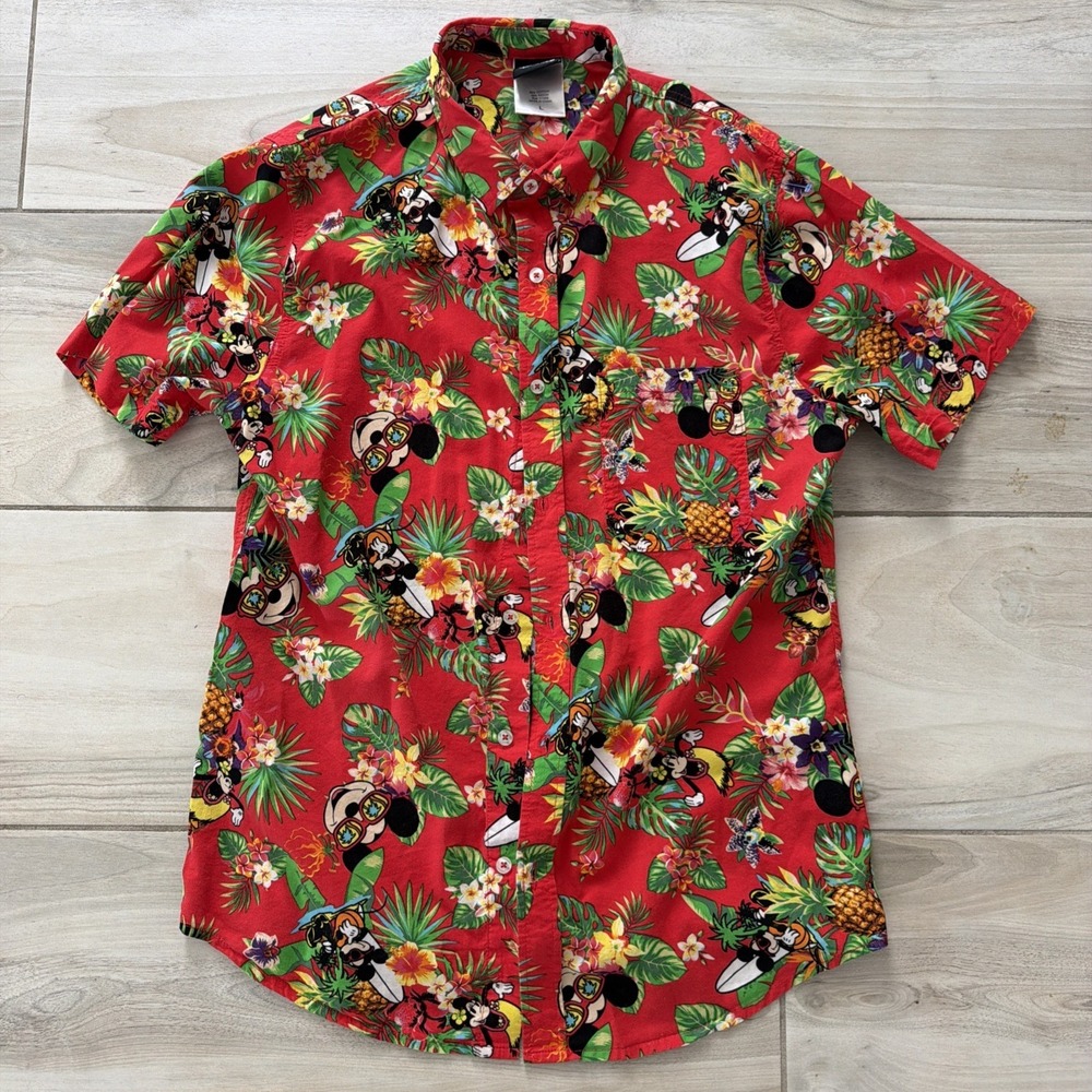 Disney Mickey Minnie Hawaiian Red AOP Button Down Mouse Aloha Summer Shirt Sz L